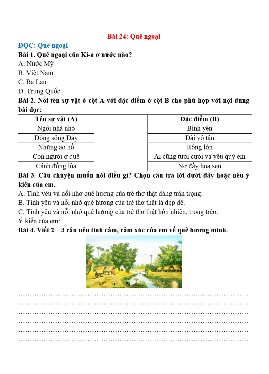 Bài tập hàng ngày Tiếng Việt lớp 4 Bài 24: Quê ngoại | Kết nối tri thức