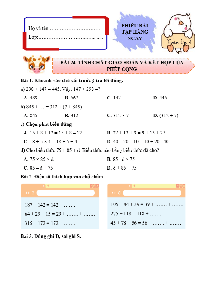 Bài tập hàng ngày Toán lớp 4 Bài 24: Tính chất giao hoán và kết hợp của phép cộng | Kết nối tri thức