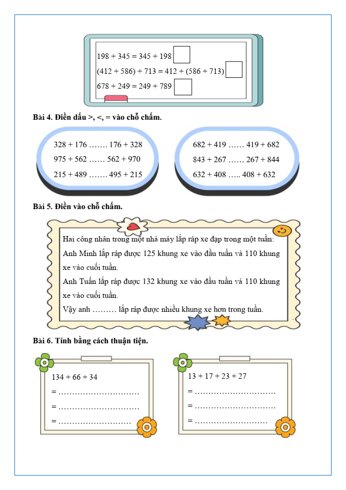 Bài tập hàng ngày Toán lớp 4 Bài 24: Tính chất giao hoán và kết hợp của phép cộng | Kết nối tri thức