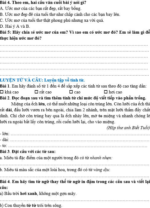 Bài tập hàng ngày Tiếng Việt lớp 4 Bài 25: Bay cùng ước mơ | Kết nối tri thức