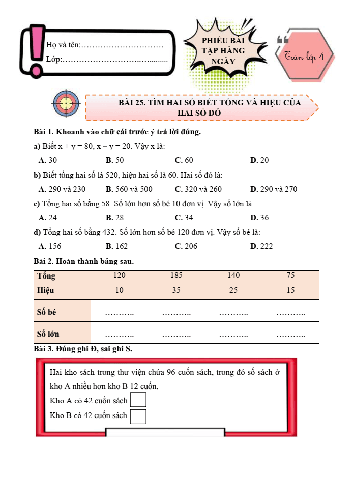 Bài tập hàng ngày Toán lớp 4 Bài 25: Tìm hai số biết tổng và hiệu của hai số đó | Kết nối tri thức