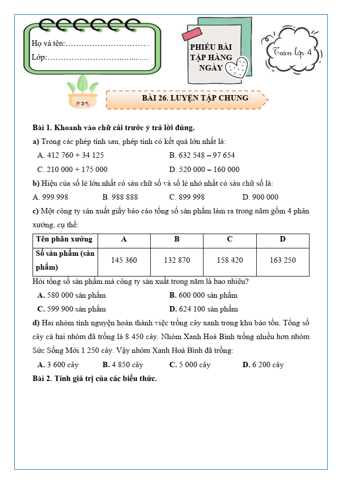 Bài tập hàng ngày Toán lớp 4 Bài 26: Luyện tập chung | Kết nối tri thức