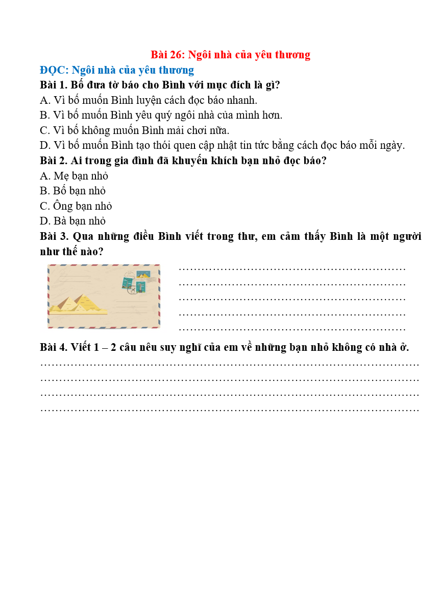 Bài tập hàng ngày Tiếng Việt lớp 4 Bài 26: Ngôi nhà của yêu thương | Kết nối tri thức