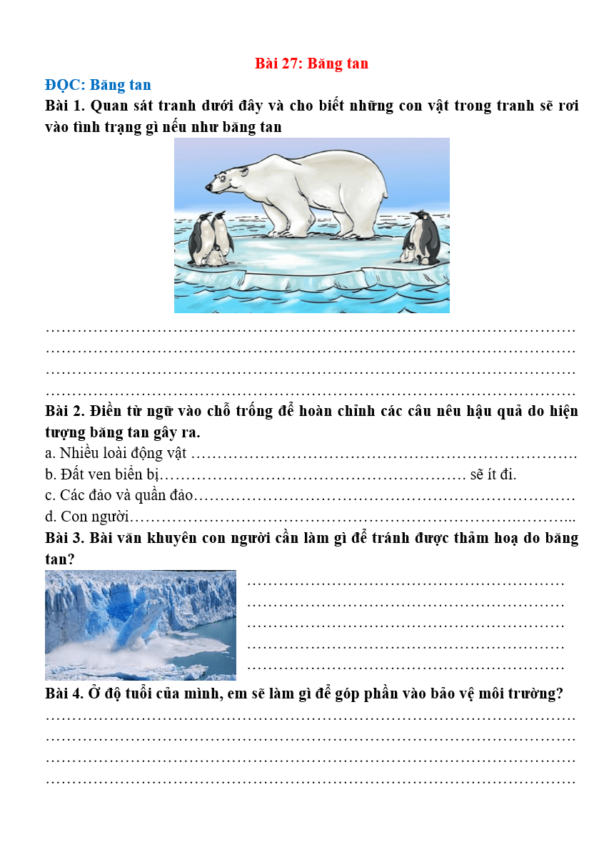 Bài tập hàng ngày Tiếng Việt lớp 4 Bài 27: Băng tan | Kết nối tri thức