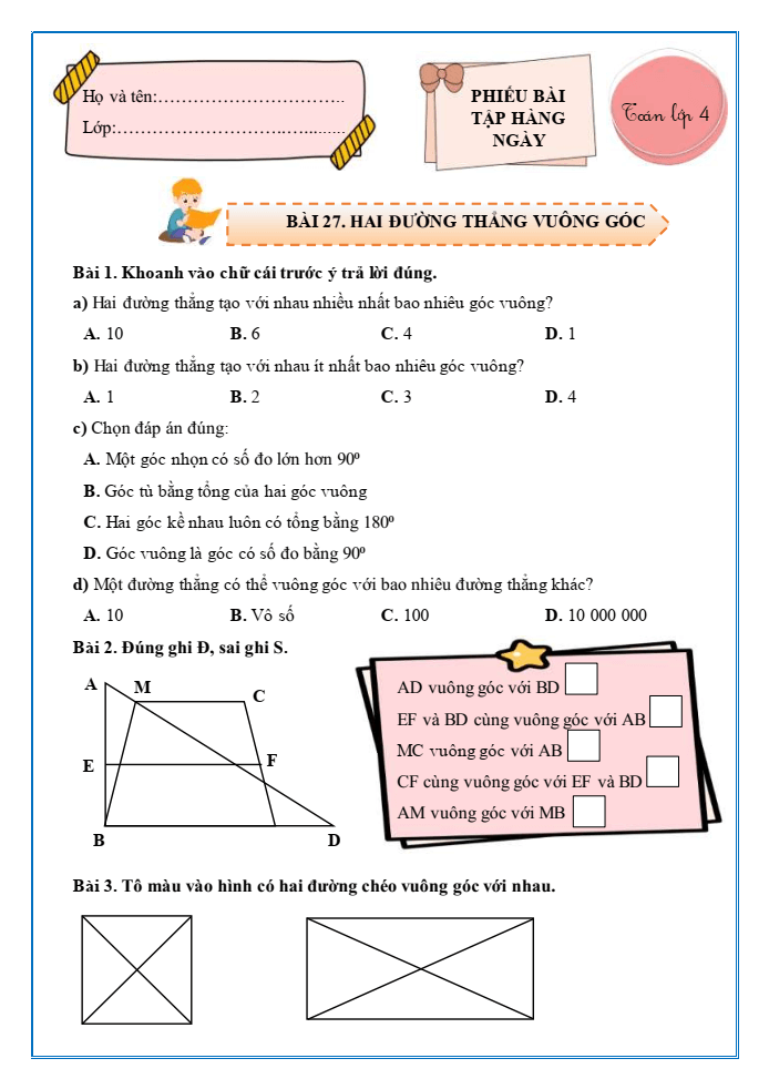 Bài tập hàng ngày Toán lớp 4 Bài 27: Hai đường thẳng vuông góc | Kết nối tri thức