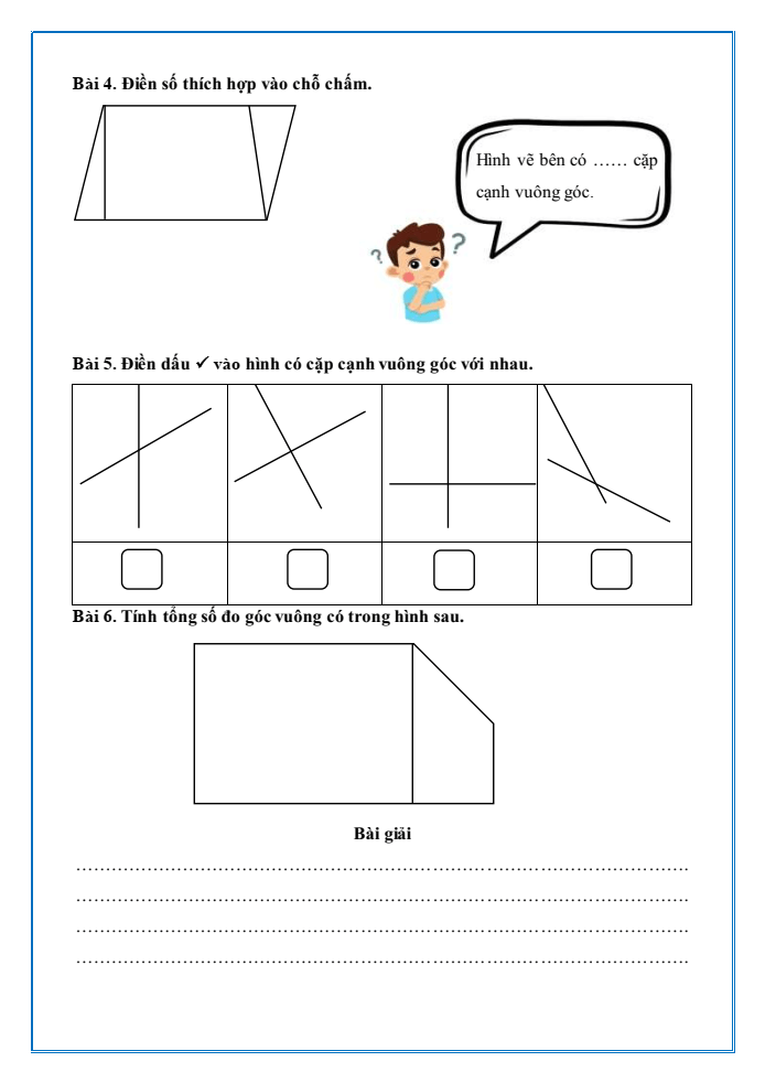 Bài tập hàng ngày Toán lớp 4 Bài 27: Hai đường thẳng vuông góc | Kết nối tri thức