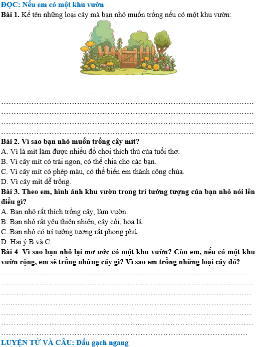 Bài tập hàng ngày Tiếng Việt lớp 4 Bài 27: Nếu em có một khu vườn | Kết nối tri thức