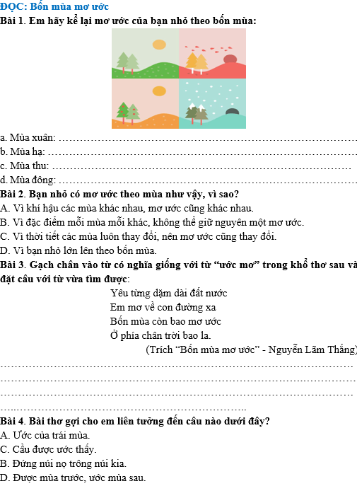 Bài tập hàng ngày Tiếng Việt lớp 4 Bài 28: Bốn mùa mơ ước | Kết nối tri thức