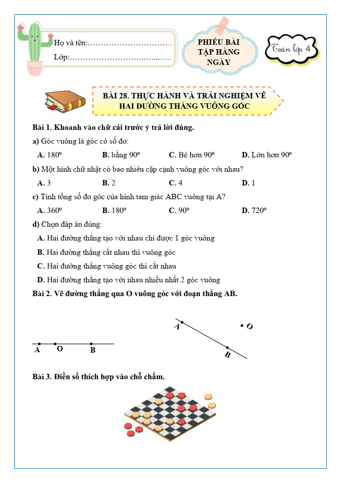 Bài tập hàng ngày Toán lớp 4 Bài 28: Thực hành và trải nghiệm vẽ hai đường thẳng vuông góc | Kết nối tri thức