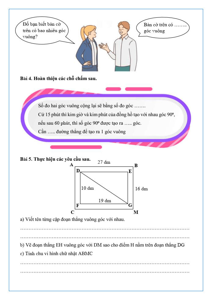 Bài tập hàng ngày Toán lớp 4 Bài 28: Thực hành và trải nghiệm vẽ hai đường thẳng vuông góc | Kết nối tri thức