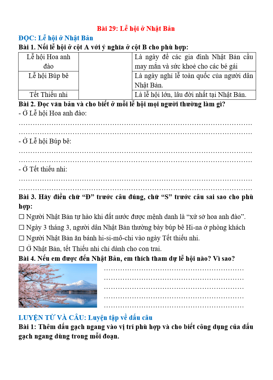 Bài tập hàng ngày Tiếng Việt lớp 4 Bài 29: Lễ hội ở Nhật Bản | Kết nối tri thức