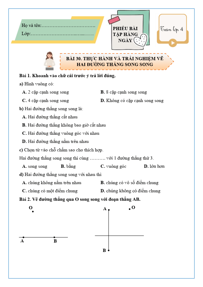Bài tập hàng ngày Toán lớp 4 Bài 30: Thực hành và trải nghiệm vẽ hai đường thẳng song song | Kết nối tri thức