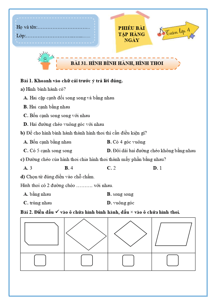 Bài tập hàng ngày Toán lớp 4 Bài 31: Hình bình hành, hình thoi | Kết nối tri thức