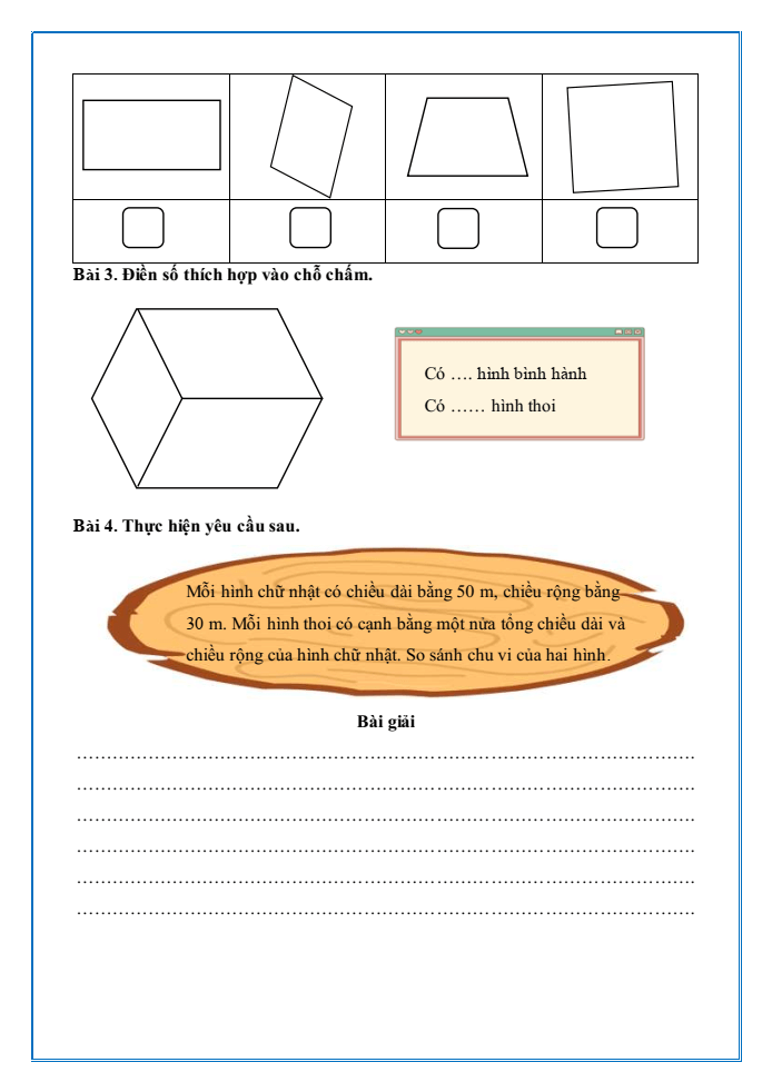 Bài tập hàng ngày Toán lớp 4 Bài 31: Hình bình hành, hình thoi | Kết nối tri thức