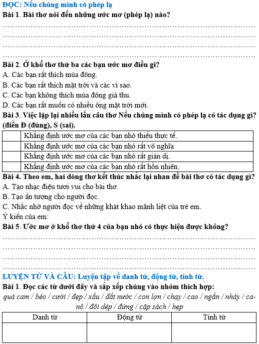 Bài tập hàng ngày Tiếng Việt lớp 4 Bài 31: Nếu chúng mình có phép lạ | Kết nối tri thức