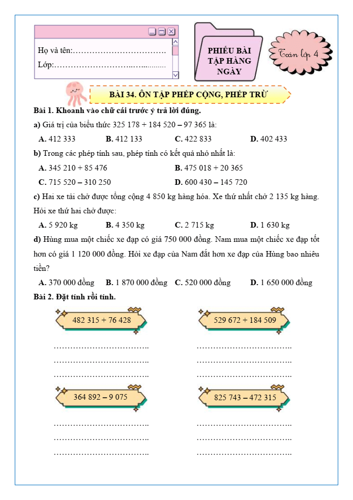 Bài tập hàng ngày Toán lớp 4 Bài 34: Ôn tập phép cộng, phép trừ | Kết nối tri thức