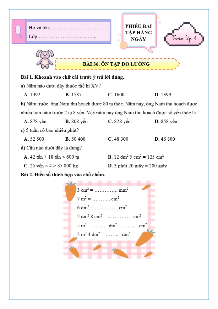 Bài tập hàng ngày Toán lớp 4 Bài 36: Ôn tập đo lường | Kết nối tri thức