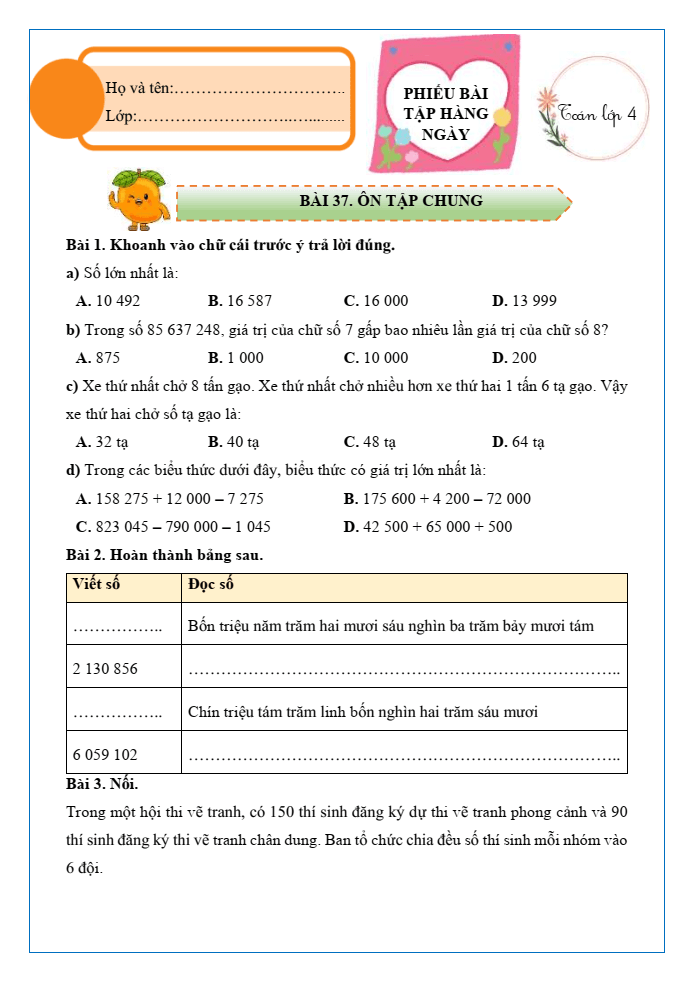 Bài tập hàng ngày Toán lớp 4 Bài 37: Ôn tập chung | Kết nối tri thức