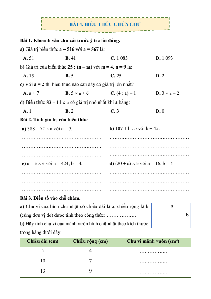 Bài tập hàng ngày Toán lớp 4 Bài 4: Biểu thức chứa chữ | Kết nối tri thức