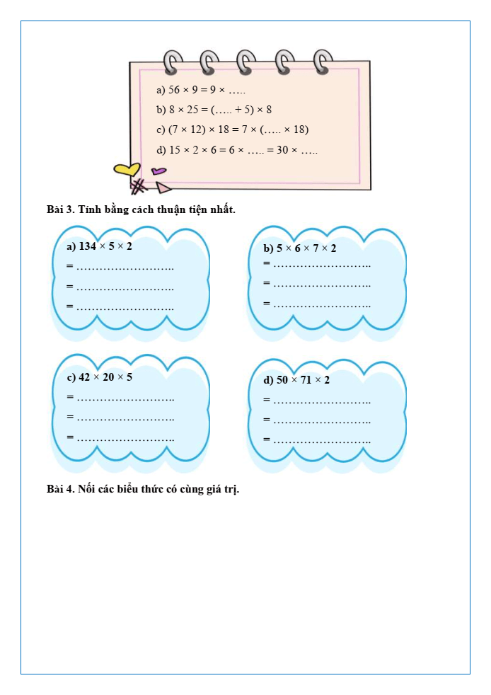 Bài tập hàng ngày Toán lớp 4 Bài 40: Tính chất giao hoán và kết hợp của phép nhân | Kết nối tri thức