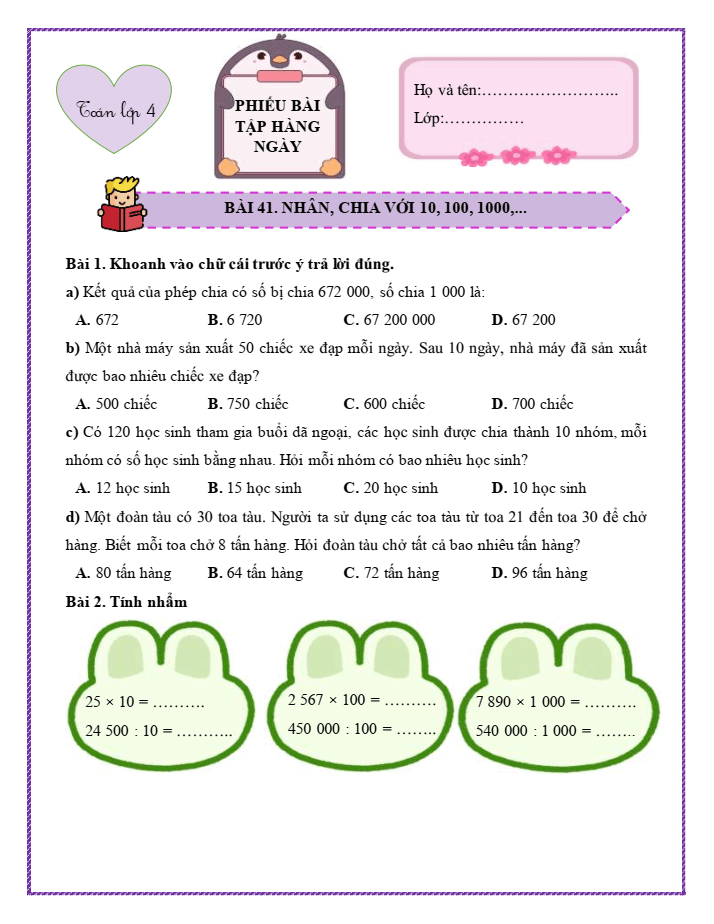Bài tập hàng ngày Toán lớp 4 Bài 41: Nhân, chia với 10, 100, 1 000 | Kết nối tri thức
