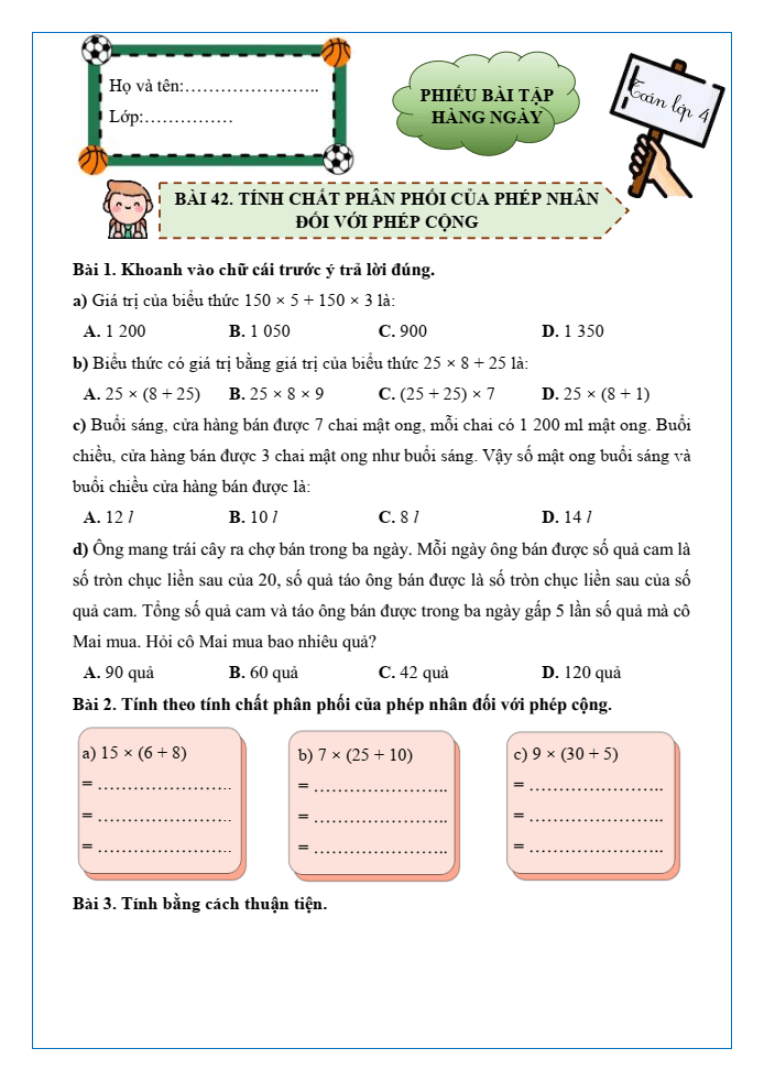 Bài tập hàng ngày Toán lớp 4 Bài 42: Tính chất phân phối của phép nhân đối với phép cộng | Kết nối tri thức