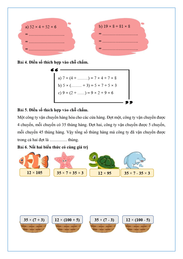 Bài tập hàng ngày Toán lớp 4 Bài 42: Tính chất phân phối của phép nhân đối với phép cộng | Kết nối tri thức