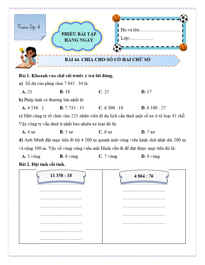 Bài tập hàng ngày Toán lớp 4 Bài 44: Chia cho số có hai chữ số | Kết nối tri thức