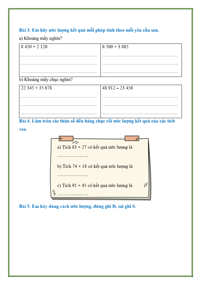 Bài tập hàng ngày Toán lớp 4 Bài 45: Thực hành và trải nghiệm ước lượng trong tính toán | Kết nối tri thức