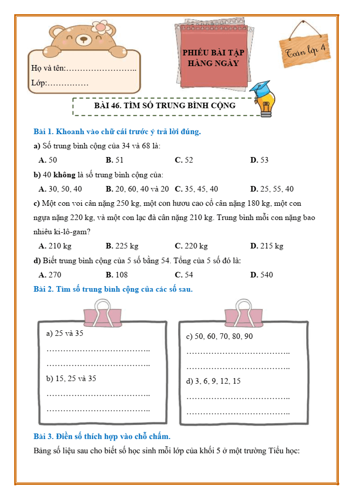 Bài tập hàng ngày Toán lớp 4 Bài 46: Tìm số trung bình cộng | Kết nối tri thức