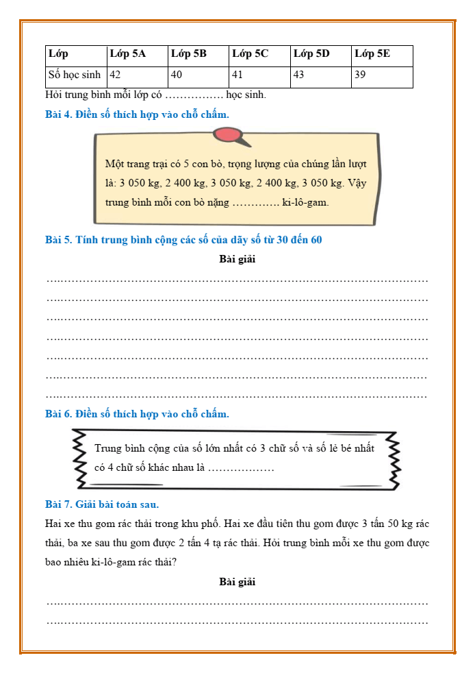 Bài tập hàng ngày Toán lớp 4 Bài 46: Tìm số trung bình cộng | Kết nối tri thức