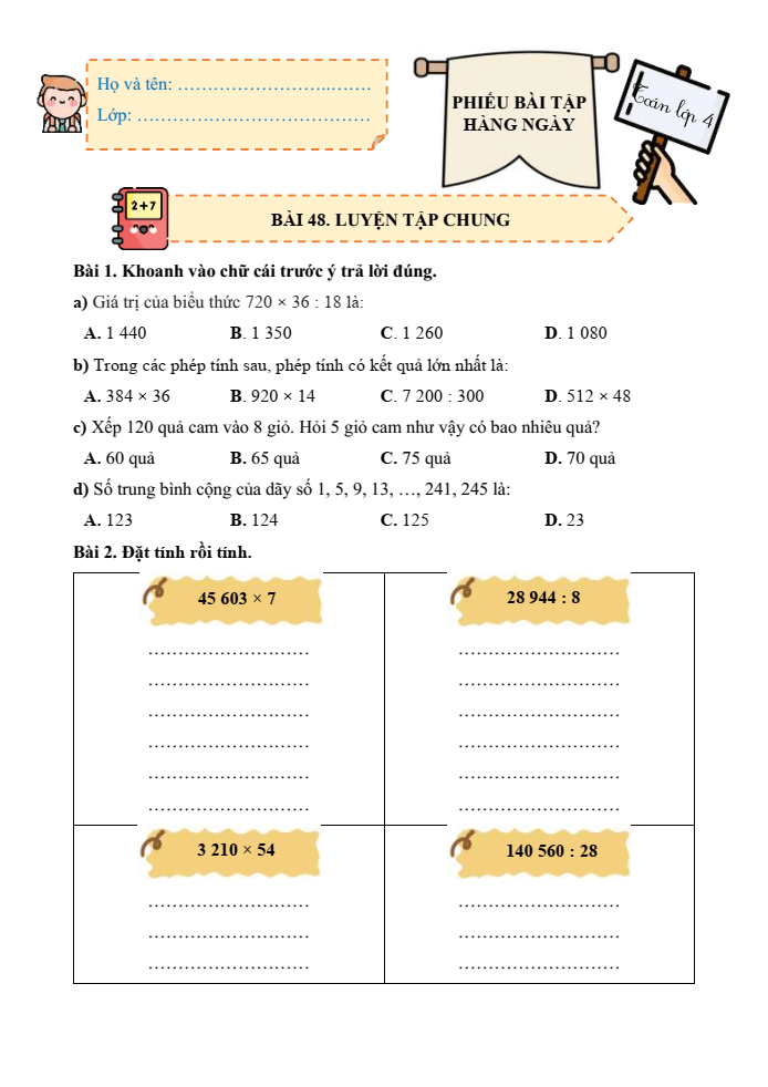 Bài tập hàng ngày Toán lớp 4 Bài 48: Luyện tập chung | Kết nối tri thức