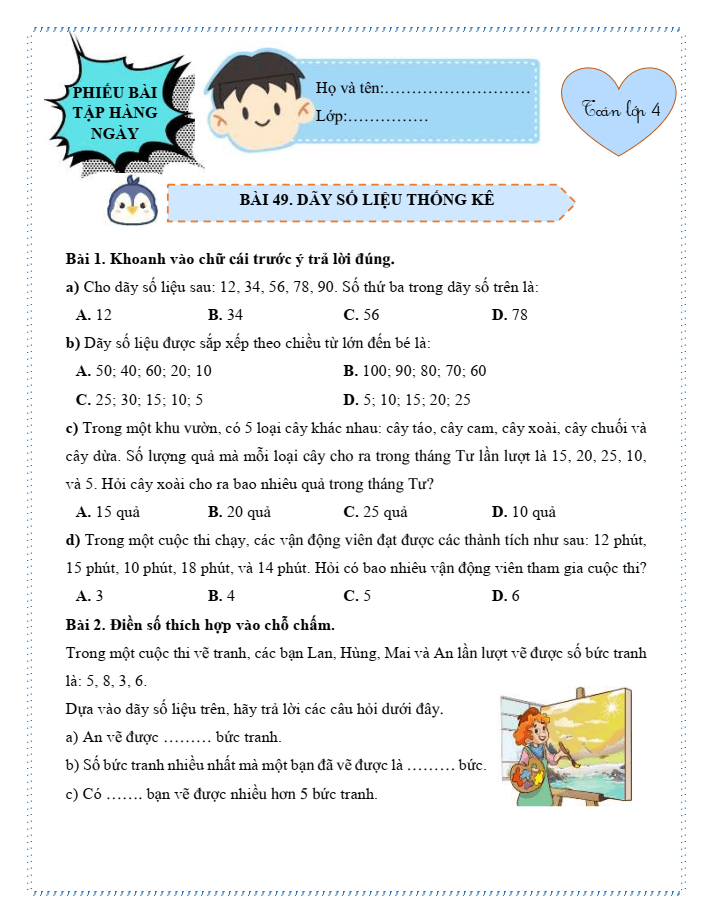 Bài tập hàng ngày Toán lớp 4 Bài 49: Dãy số liệu thống kê | Kết nối tri thức