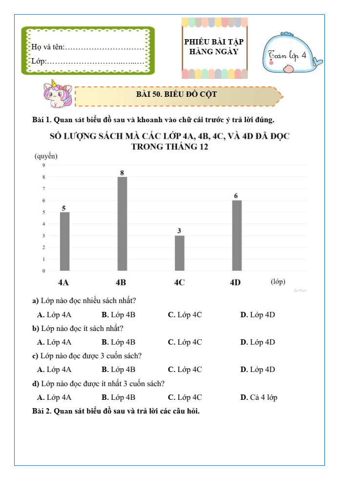 Bài tập hàng ngày Toán lớp 4 Bài 50: Biểu đồ cột | Kết nối tri thức