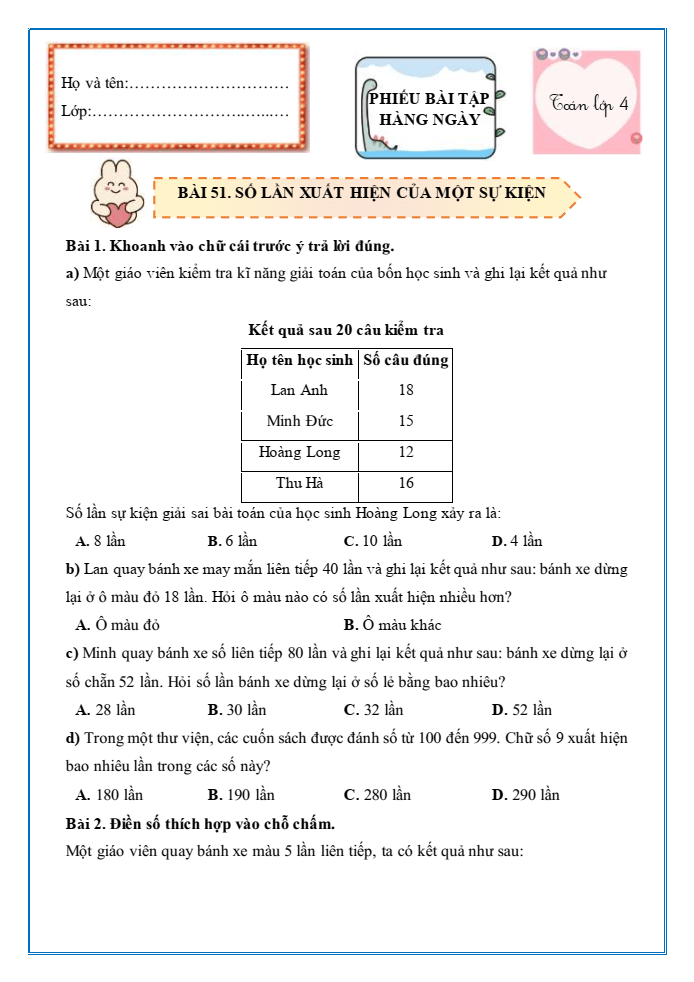 Bài tập hàng ngày Toán lớp 4 Bài 51: Số lần xuất hiện của một sự kiện | Kết nối tri thức