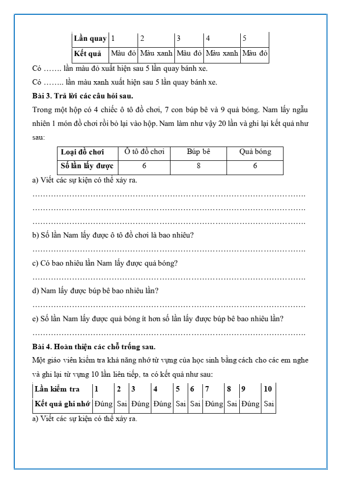 Bài tập hàng ngày Toán lớp 4 Bài 51: Số lần xuất hiện của một sự kiện | Kết nối tri thức