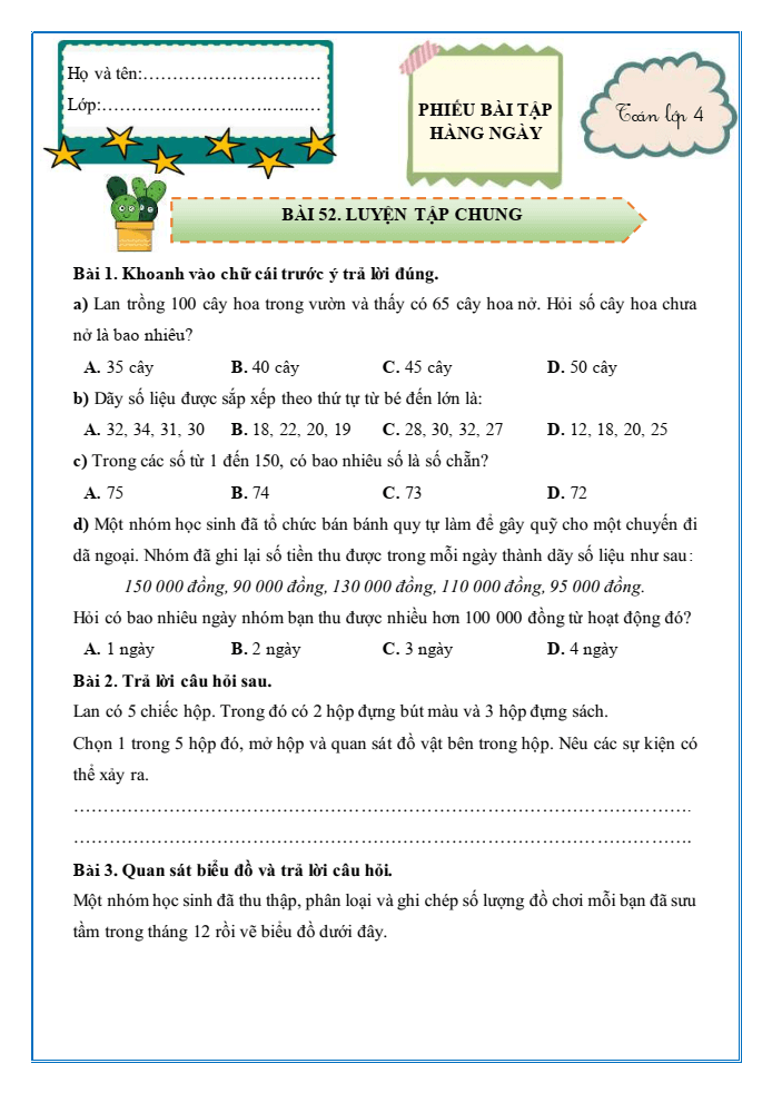 Bài tập hàng ngày Toán lớp 4 Bài 52: Luyện tập chung | Kết nối tri thức