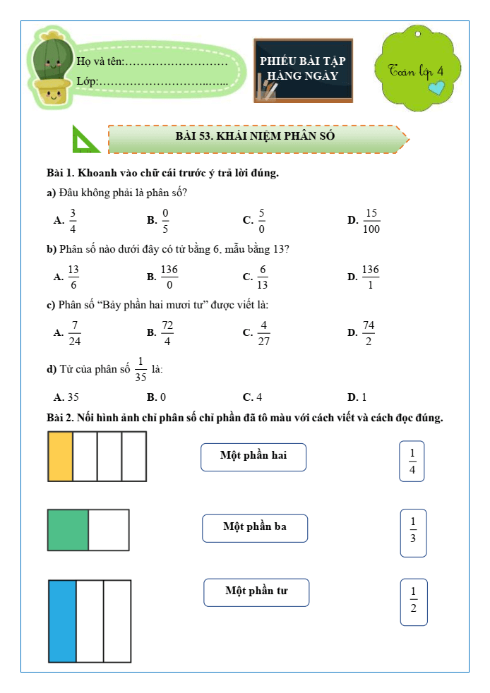 Bài tập hàng ngày Toán lớp 4 Bài 53: Khái niệm phân số | Kết nối tri thức