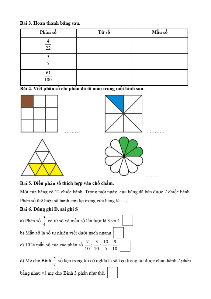 Bài tập hàng ngày Toán lớp 4 Bài 53: Khái niệm phân số | Kết nối tri thức