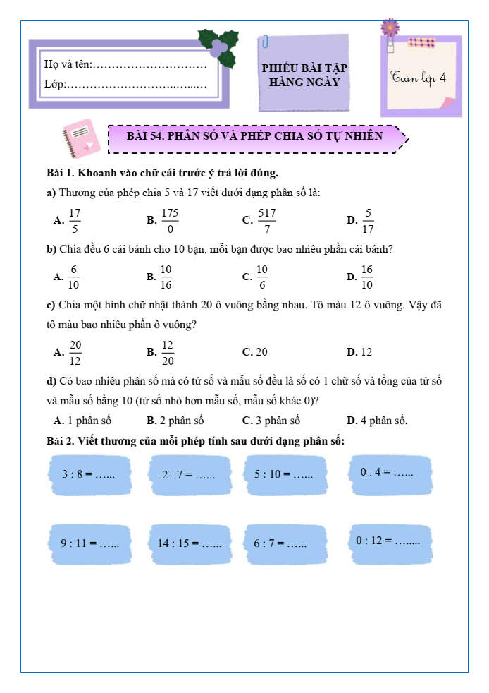 Bài tập hàng ngày Toán lớp 4 Bài 54: Phân số và phép chia số tự nhiên | Kết nối tri thức