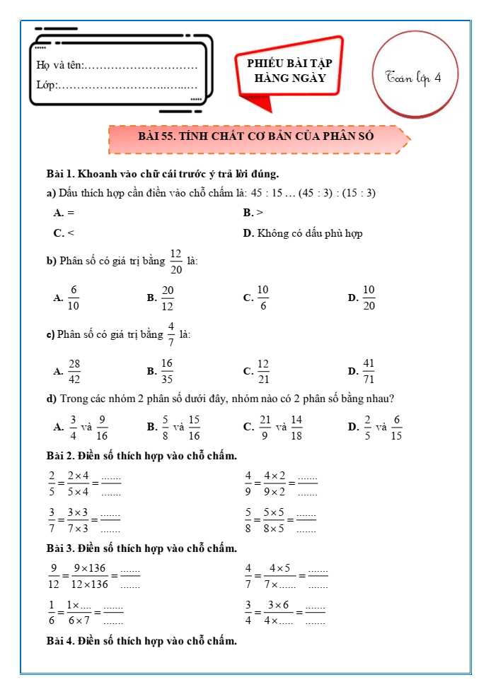 Bài tập hàng ngày Toán lớp 4 Bài 55: Tính chất cơ bản của phân số | Kết nối tri thức