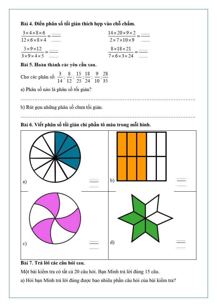 Bài tập hàng ngày Toán lớp 4 Bài 56: Rút gọn phân số | Kết nối tri thức