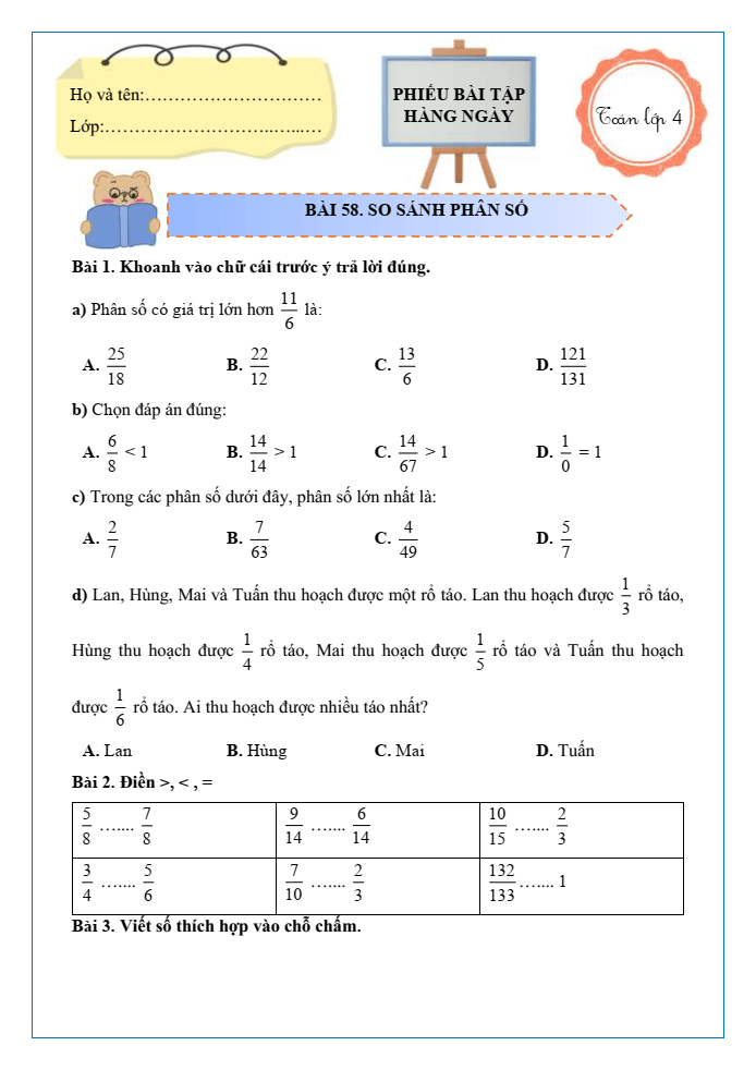 Bài tập hàng ngày Toán lớp 4 Bài 58: So sánh phân số | Kết nối tri thức