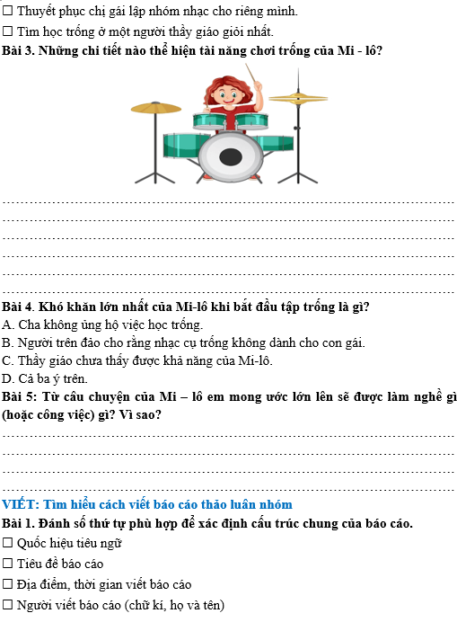 Bài tập hàng ngày Tiếng Việt lớp 4 Bài 6: Nghệ sĩ trống | Kết nối tri thức