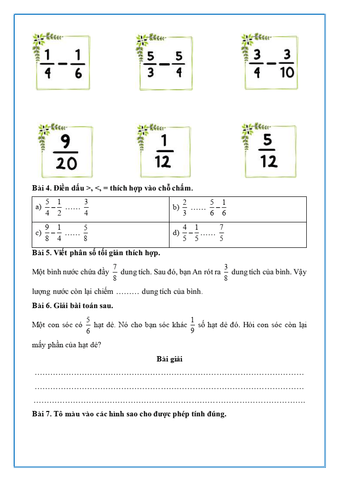 Bài tập hàng ngày Toán lớp 4 Bài 61: Phép trừ phân số | Kết nối tri thức