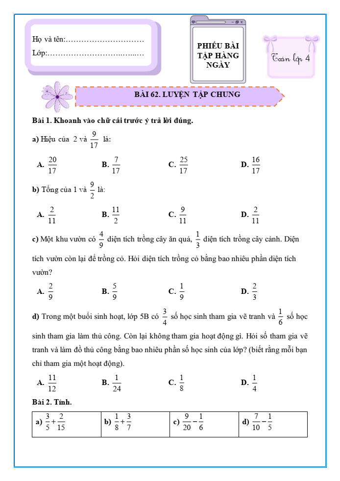 Bài tập hàng ngày Toán lớp 4 Bài 62: Luyện tập chung | Kết nối tri thức