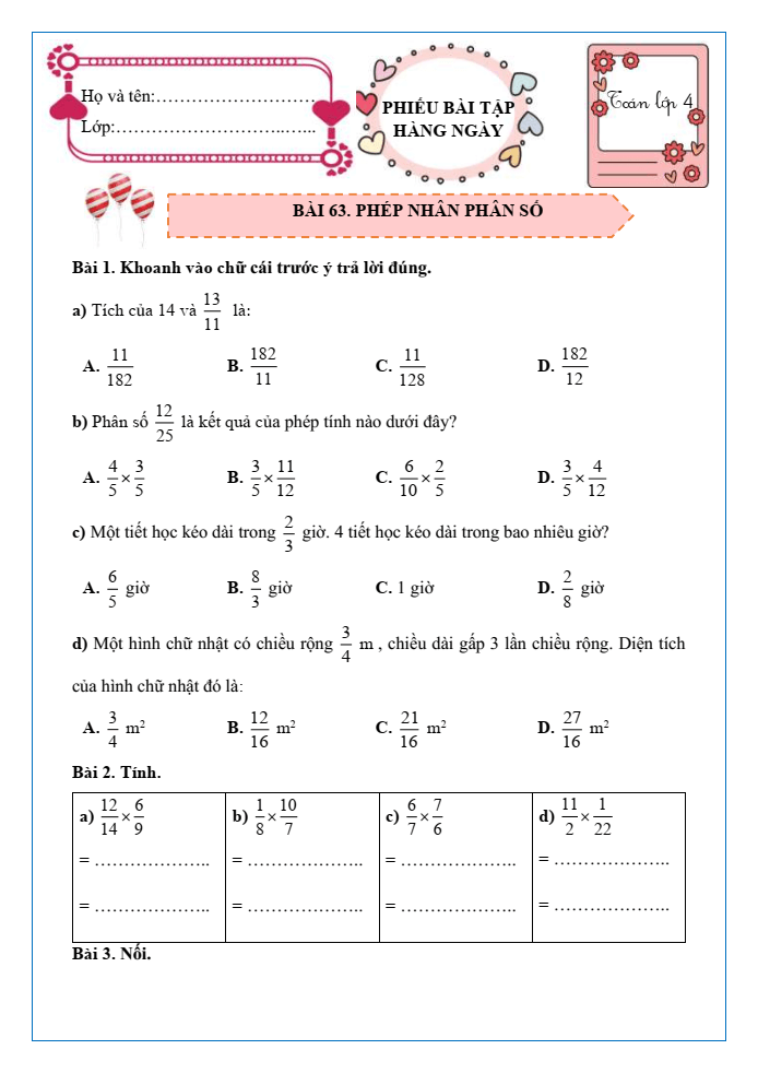 Bài tập hàng ngày Toán lớp 4 Bài 63: Phép nhân phân số | Kết nối tri thức