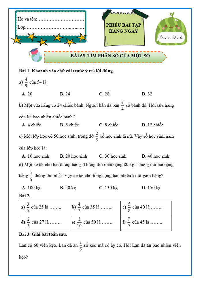 Bài tập hàng ngày Toán lớp 4 Bài 65: Tìm phân số của một số | Kết nối tri thức
