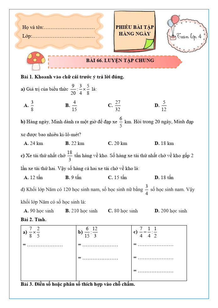 Bài tập hàng ngày Toán lớp 4 Bài 66: Luyện tập chung | Kết nối tri thức