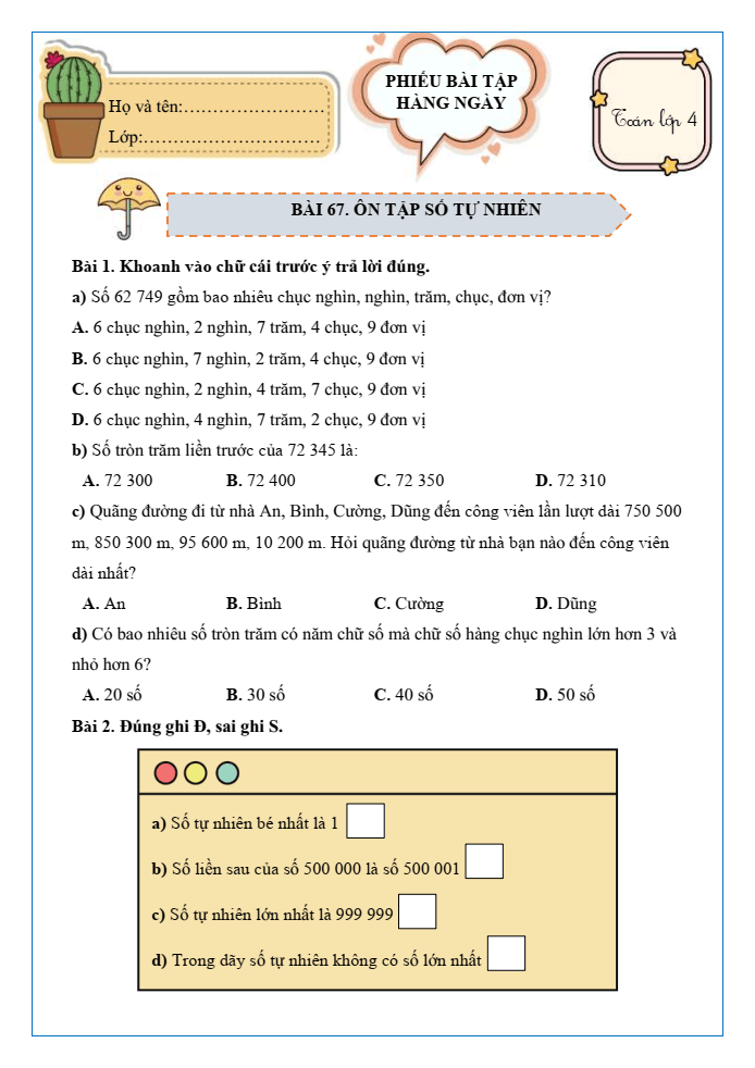 Bài tập hàng ngày Toán lớp 4 Bài 67: Ôn tập số tự nhiên | Kết nối tri thức